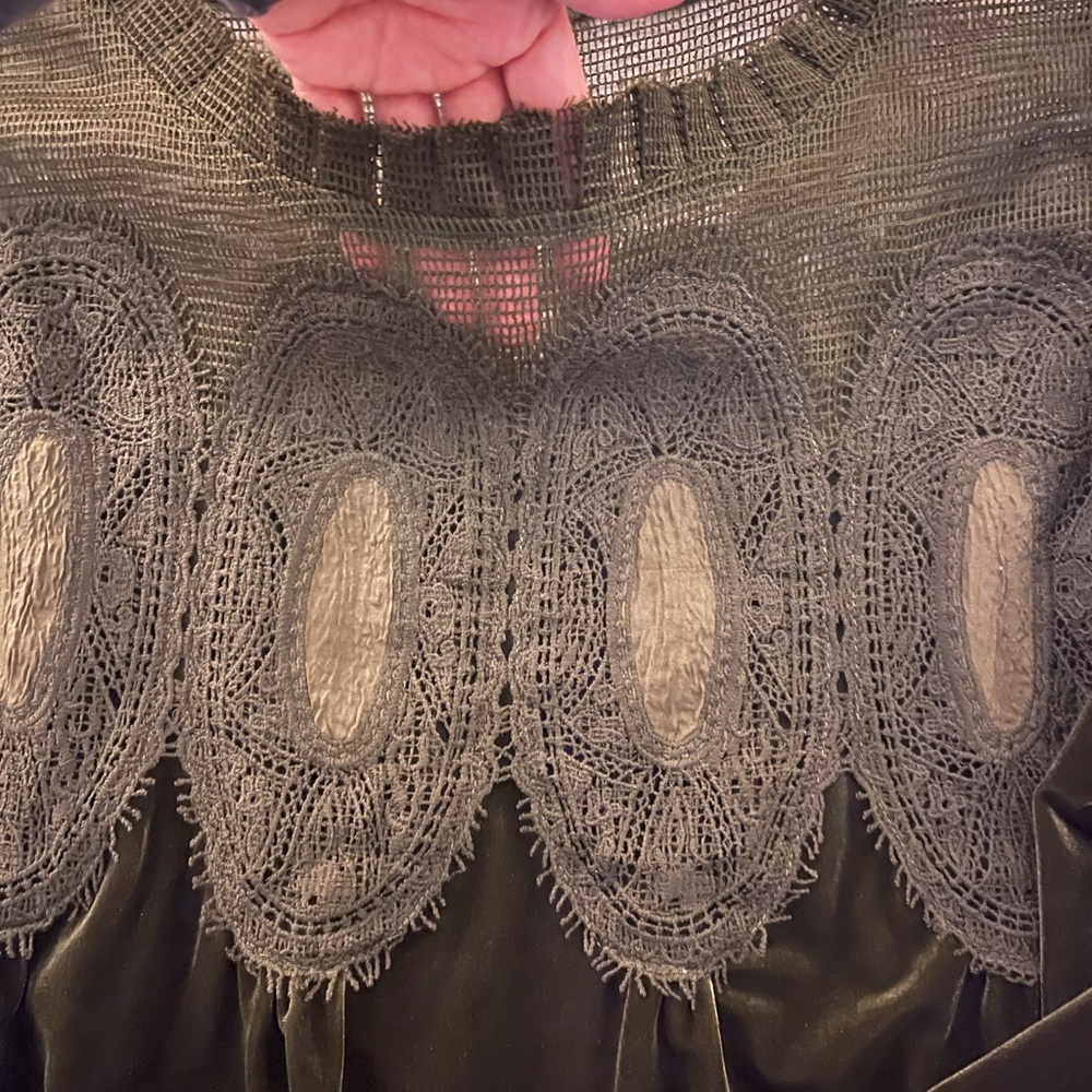 Olive Green Velvet Lace Yoke Blouse - Picture 3 of 5